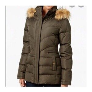Larry Levine Women’s Down Puffer Jacket Olive Faux Fur Trim Hood Zip Plus Sz 2X